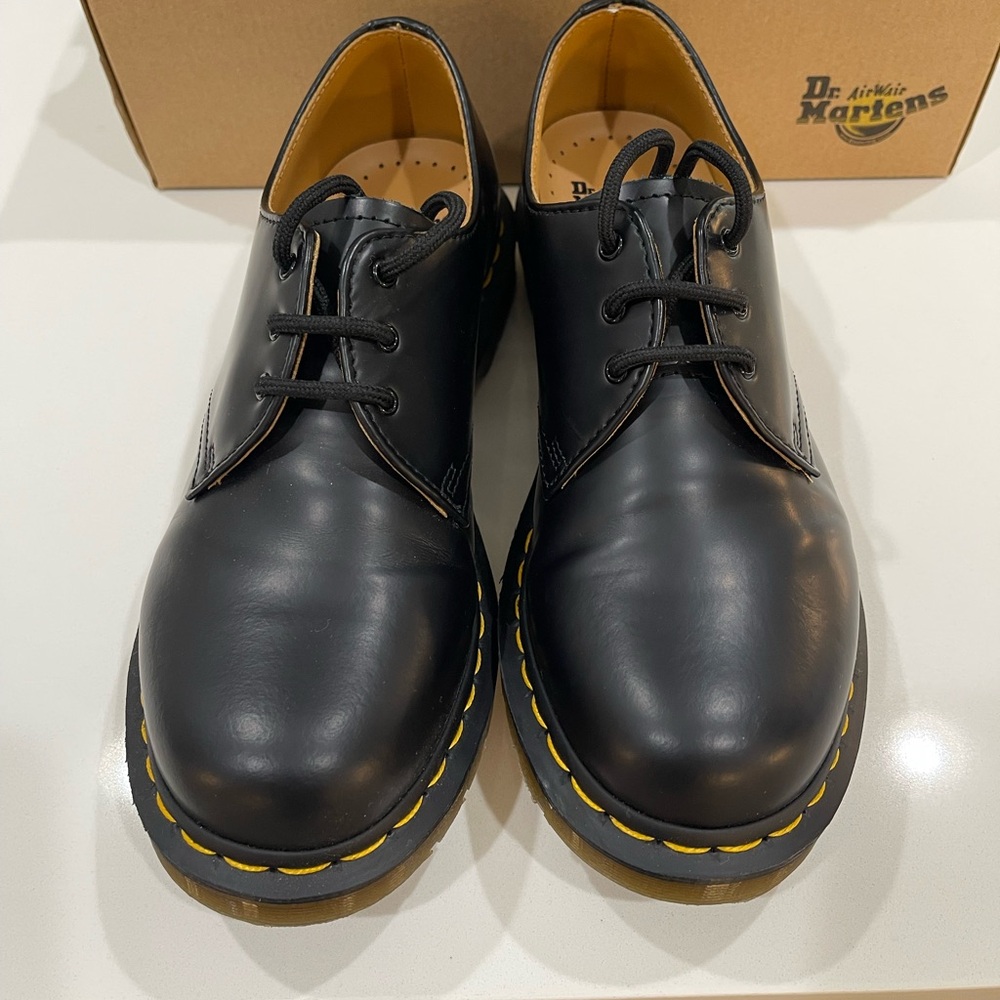 Dr. Martens Black Leather Oxfords with Yellow Stitching